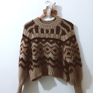 Anthropologie Carson Brown Geometric Motif Fair Isle Wool Blend Sweater